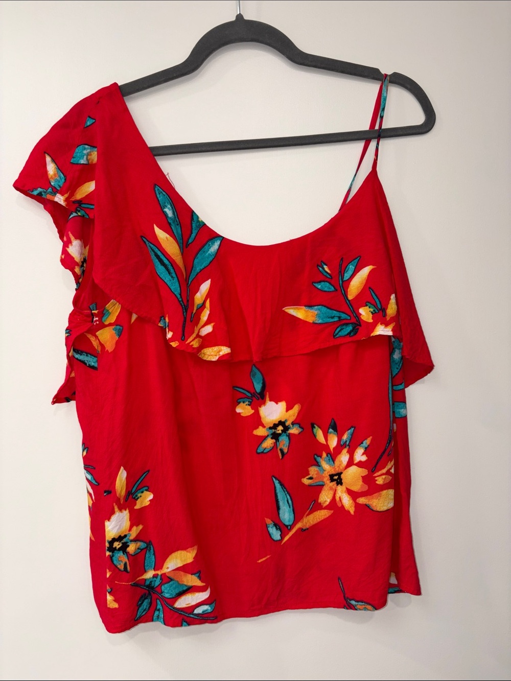 Express Red One-Shoulder Floral Ruffle Camisole